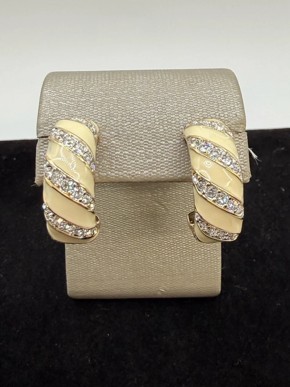Vintage Swarovski Cream Enamel Clear Crystal Gold Tone Hoop Earrings